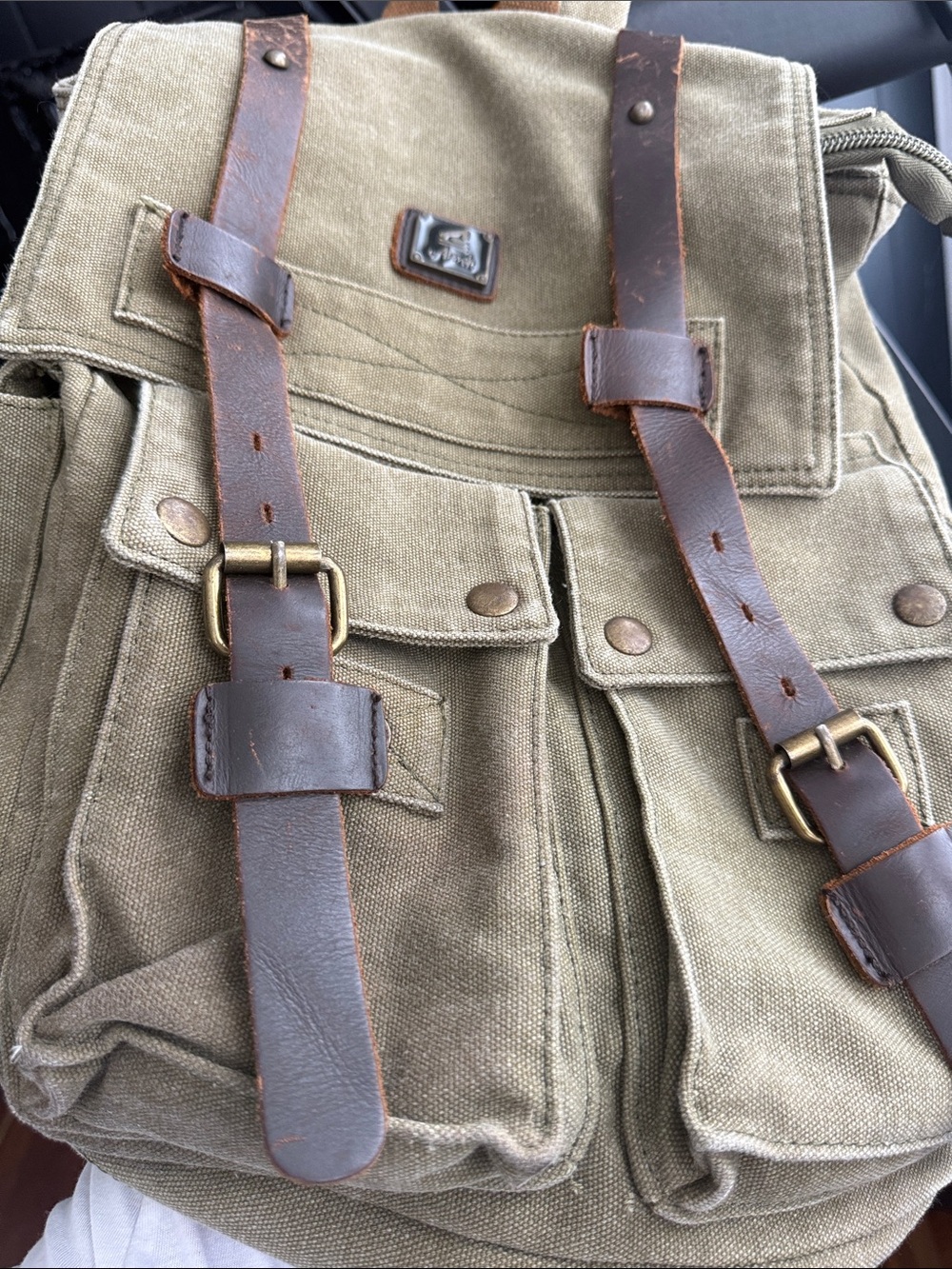 Canvas Backpack with Brown Leather Straps - Men Bags
